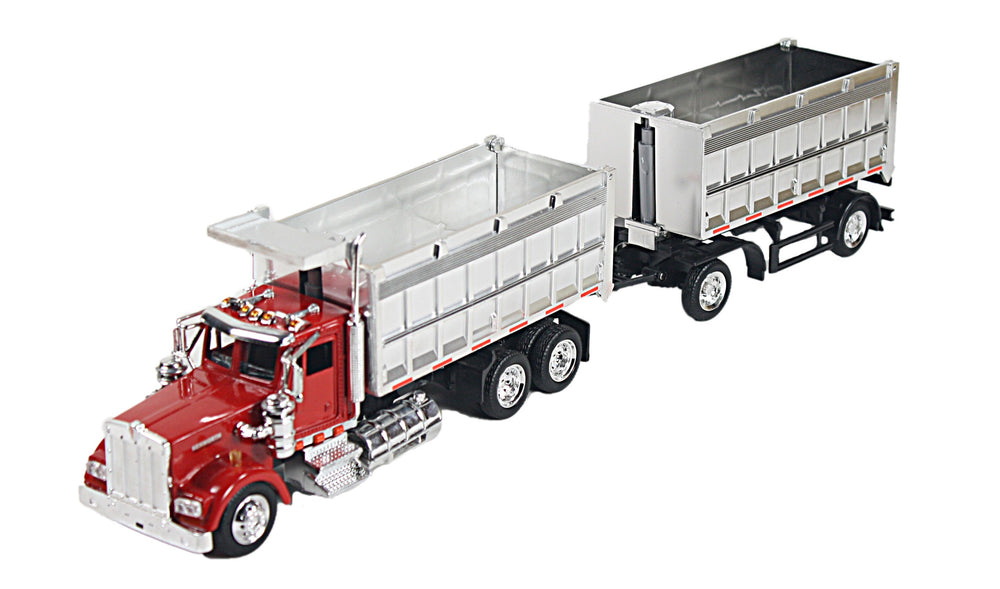 New-Ray Kenworth W900 double dump truck with trailer in red for authentic display