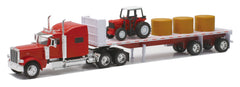 New Ray Peterbilt 389 flatbed with red farm tractor and hay bales for collectors display