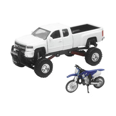 NewRay truck and dirt bike set: white Chevy with YZ125 for display and imaginative play