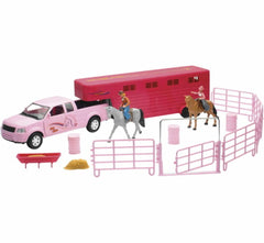 NewRay Valley Ranch pink pickup truck and horse trailer playset for imaginative play and decor.