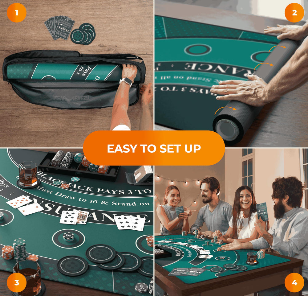 Newverest blackjack mat showing eight coasters protecting the surface