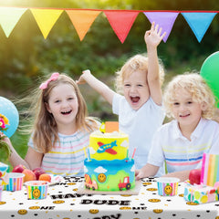 Newwiee One Happy Dude tablecloth size 51x108 inches fits rectangular tables.