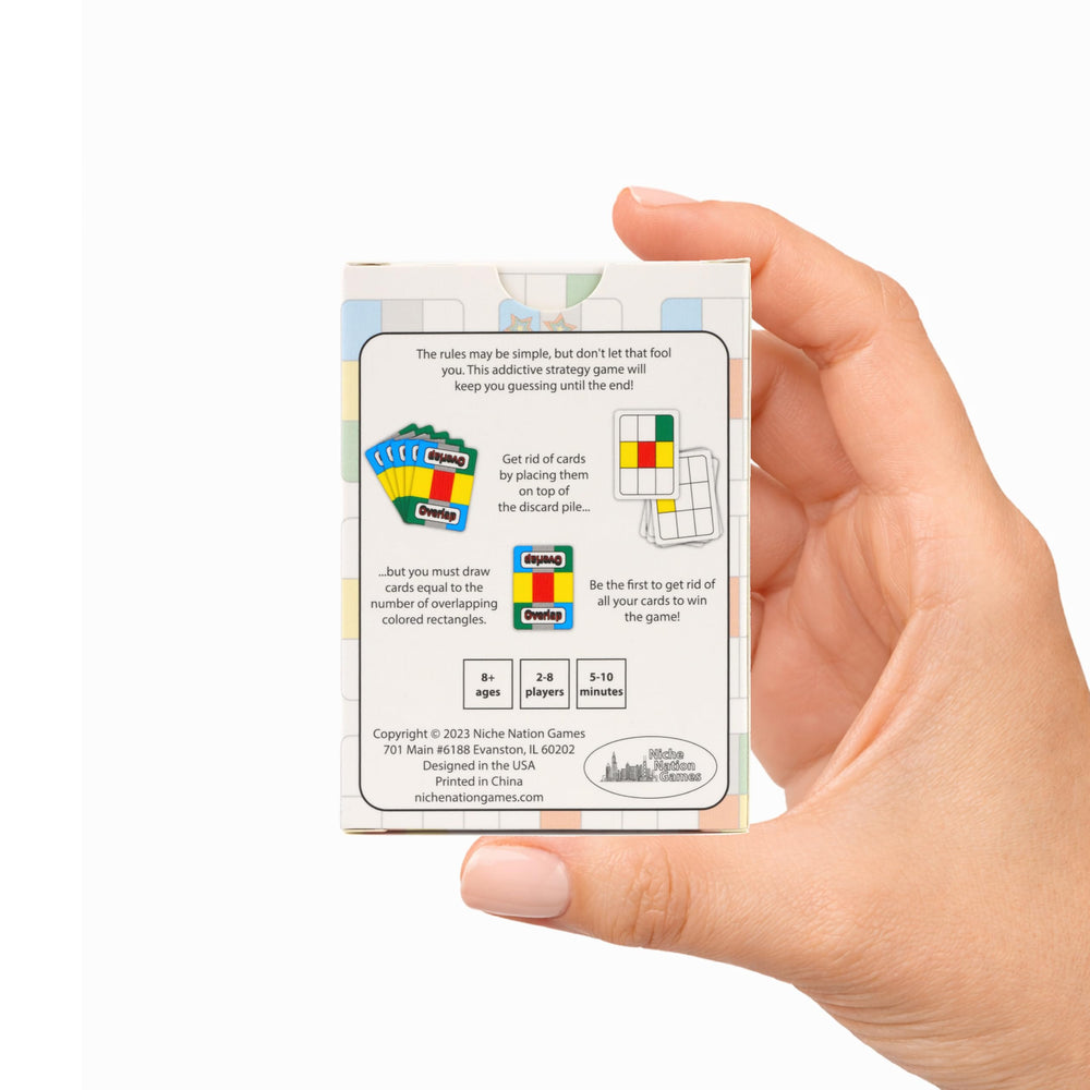 Overlap box art and components ideal for family game night.