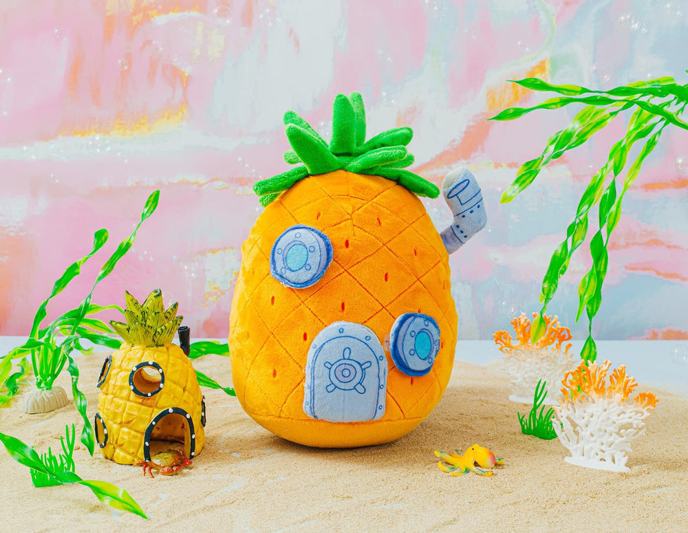 Nickelodeon SpongeBob pineapple house plush, leafy crown, bright colors for vibrant kids' decor.