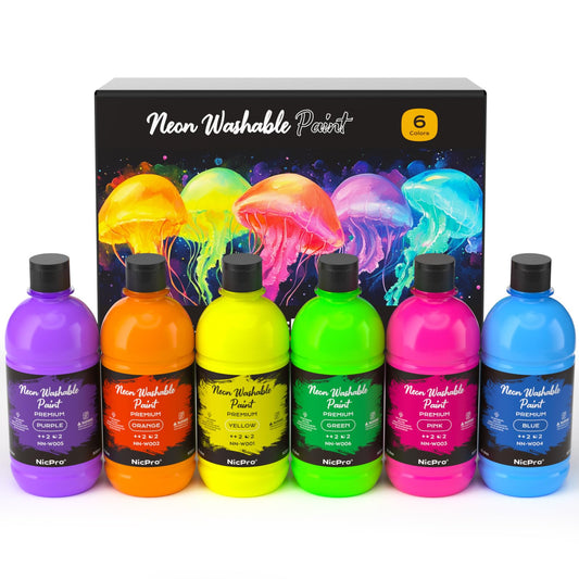 Nicpro neon yellow fluorescent paint bottle showing bright daylight color and UV glow