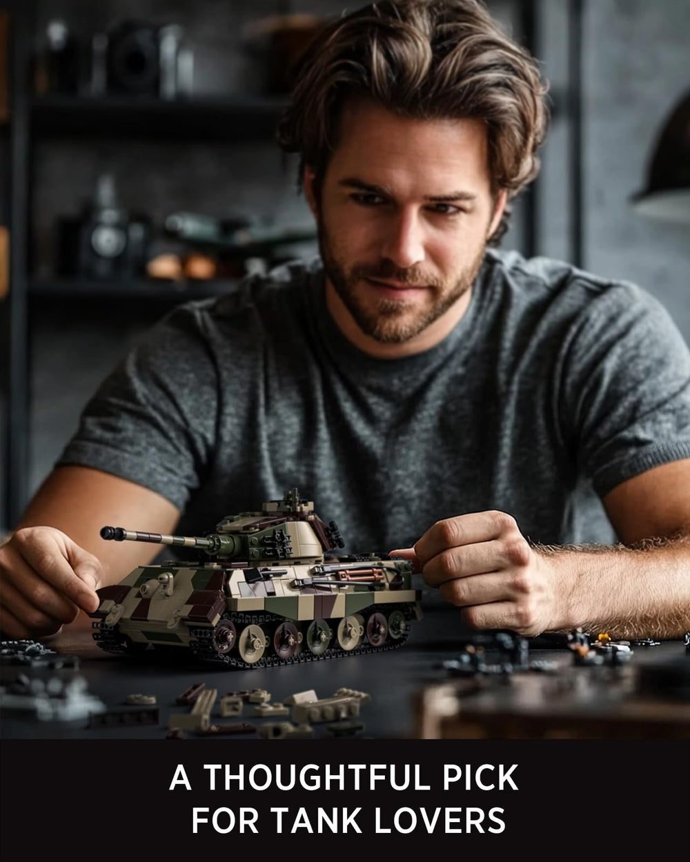 Nifeliz King Tiger tank model display stand supports a proud shelf presentation.