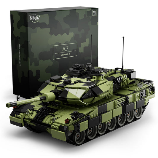 Nifeliz Leopard II A7 tank front view highlights camouflage exterior for display