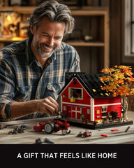 Nifeliz Red Barn Building Set tractor-repair-area detail enhances rustic workshop vibes on display.