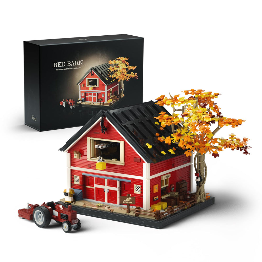 Nifeliz Red Barn Building Set front view shows authentic farmhouse charm for display.