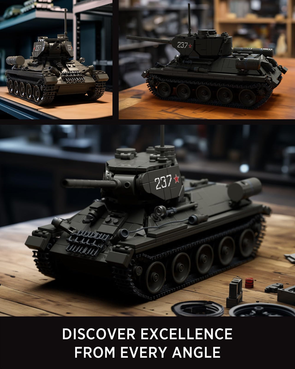 Nifeliz T34/85 Tank adjustable gun lets you pose for action scenes.