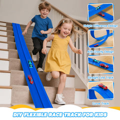 Nigwet bendable flex-track curve demonstrates loops and curves for imaginative race layouts.
