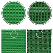 NILO green baseplates, side view, highlighting double-sided versatility for brick layouts.
