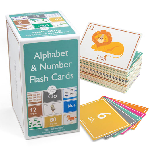 Nimmie & Moose alphabet flash cards set for toddlersβsturdy, early-literacy learning.
