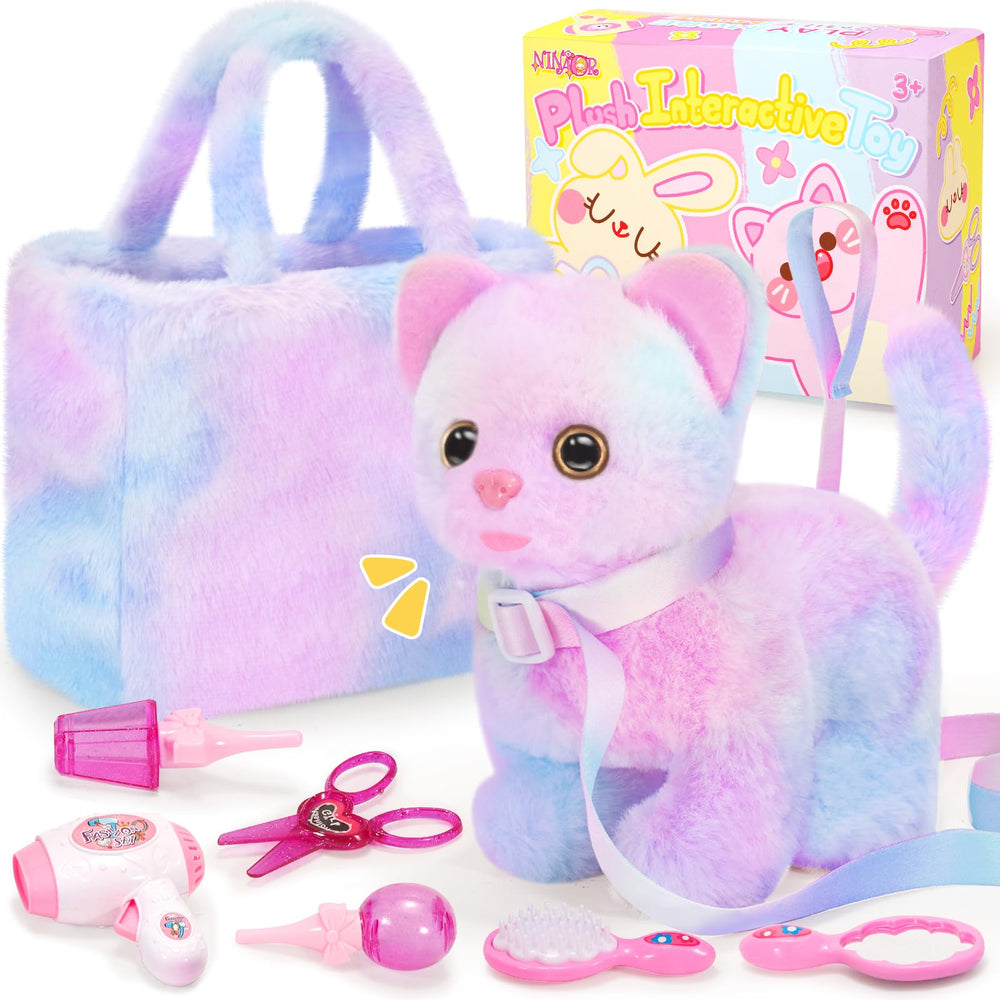 NINAOR plush interactive cat with leash for imaginative play and caregiver roleplay.