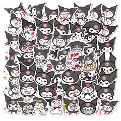NineGirl Kuromi stickers pack on suitcase, adhesive sticks well for travel.