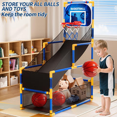 NIPLOOOW Arcade Basketball Set shows four balls and pump for quick setup.