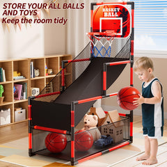 NIPLOOOW arcade basketball set includes 4 balls and pump for ready play.