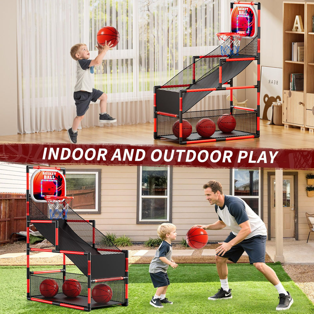 NIPLOOOW arcade basketball balls and pump included for quick setup and ongoing games.