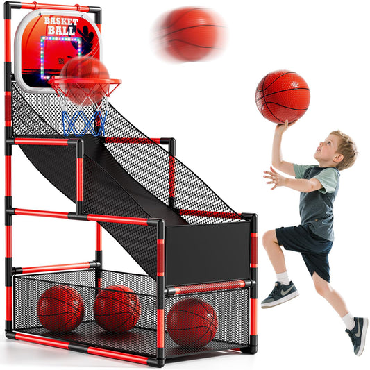 NIPLOOOW arcade basketball hoop setup shows adjustable height for growing players.