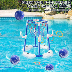 NIPLOOOW pool basketball hoop with four balls ready for in-pool action
