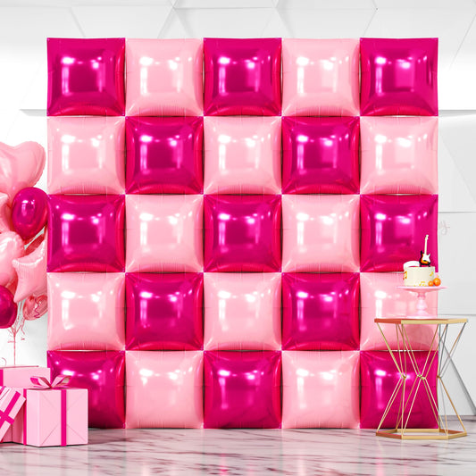NISOCY 25-piece hot magenta square foil balloons wall backdrop, durable party decor.