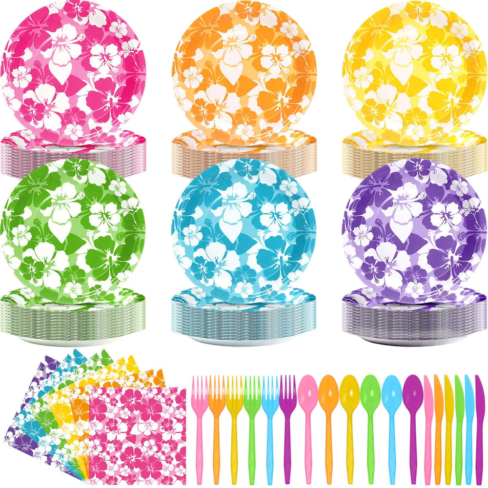 Ninitial hibiscus plates—9 inch, sturdy for tropical party servings