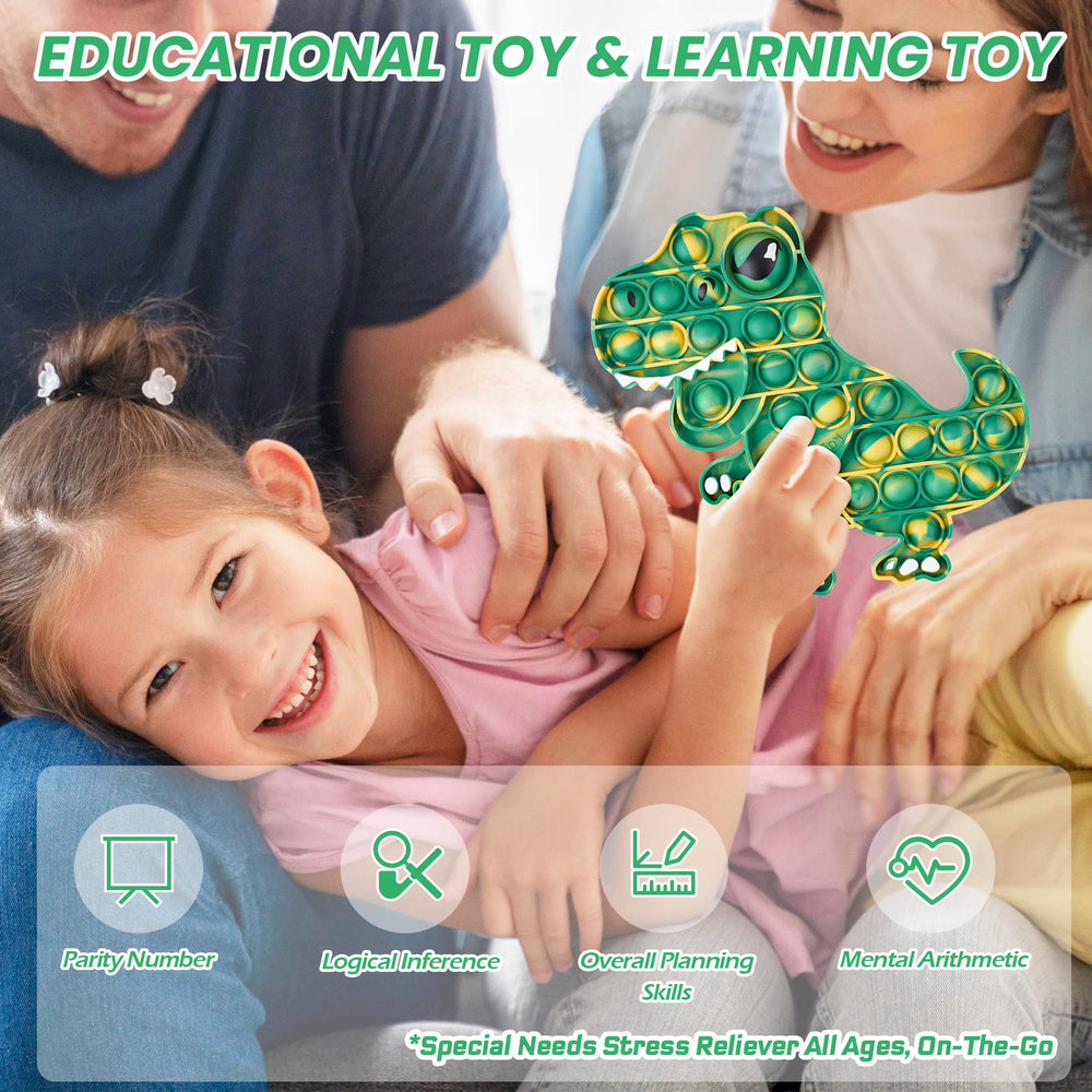 NiToy dinosaur push pop bubble toy eye-printed close-up, stress relief through fidgeting.
