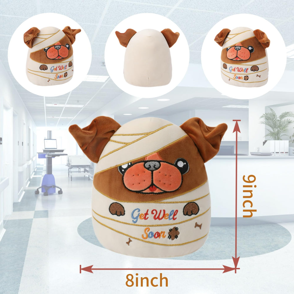 NIUBEHOHO Get Well Soon plush bulldog side view highlights comforting bandages for encouragement.