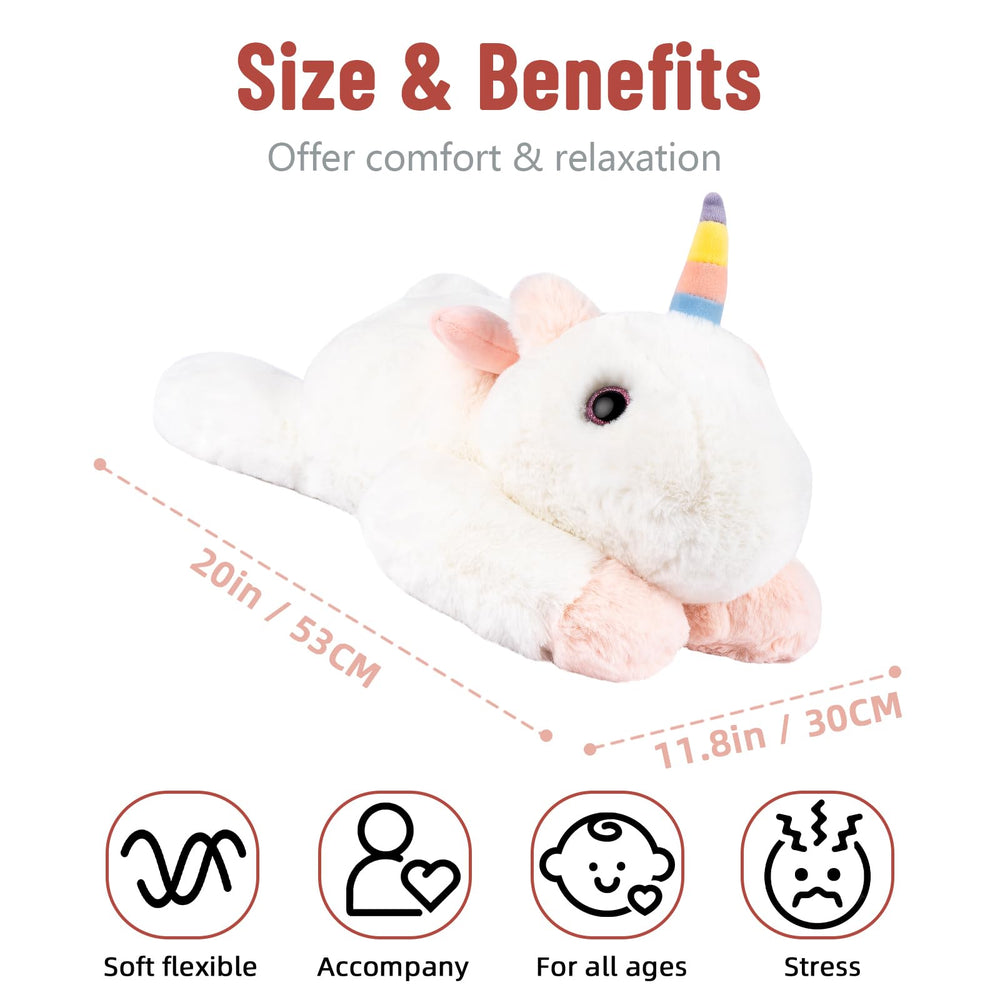 Kid hugging Niuniu Daddy unicorn weighted plush for comfort.