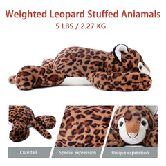 Niuniu Daddy leopard weighted plush belly and limbs for a tangible hug.
