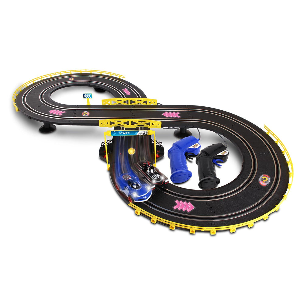 NKOK Sonic Shadow track figure-8 lights illuminate fast-paced family racing sessions.
