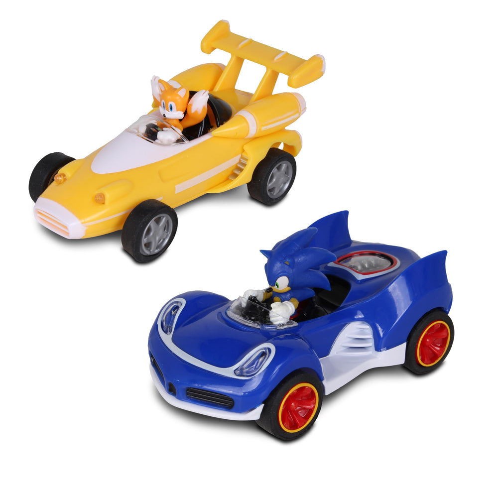 NKOK Sonic and Tails pull-back vehicles in action, ready for fast races.