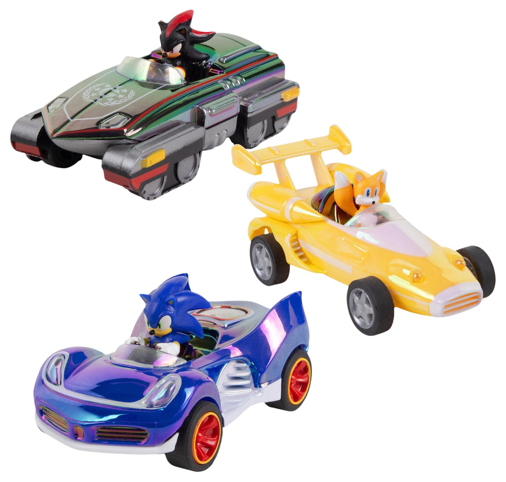 NKOK Sonic Shadow Tails pullback 3-pack front view, ready to race.