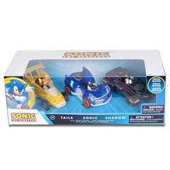 NKOK Special Edition Sonic Shadow Tails pullback 3-pack shows iridescent colors under light.