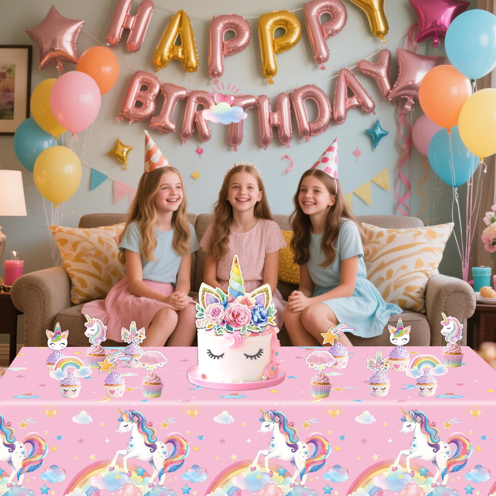 NKPDAXM unicorn birthday supplies set creates festive table ambience.