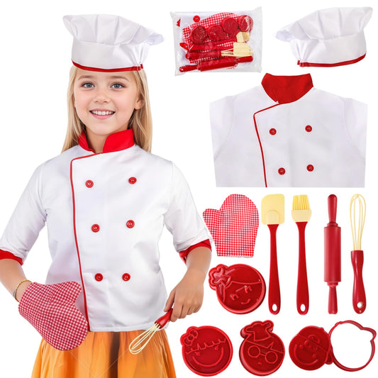 Noamus 11-piece kid chef set for imaginative play and pretend cooking.