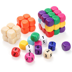 Noamus color dice set with vibrant hues, top-down view for color mixing and stickers.