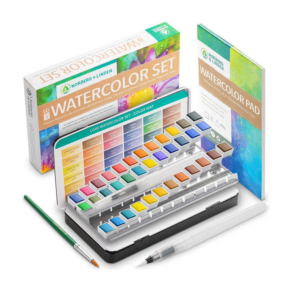 Norberg & Linden LG Watercolor Palette with 36 vibrant half-pan colors for rich blends