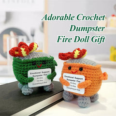 Nordkawa workspace decor featuring crochet dumpster fire adding personality