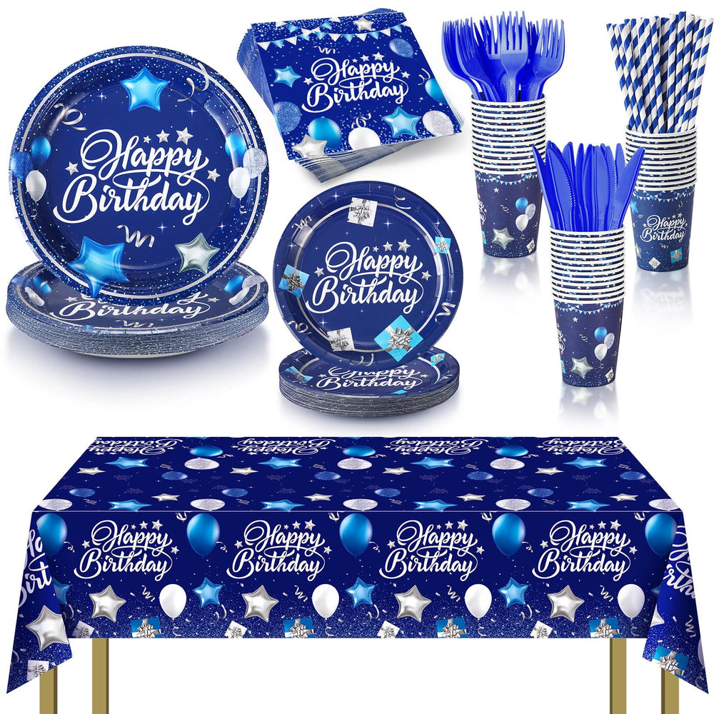 Norme 176-piece navy blue and silver tableware set on a table for elegant celebrations.