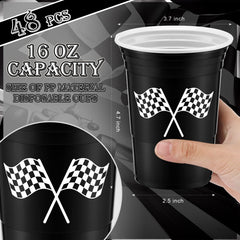 Norme racing-themed disposable cups with black and white designs for events