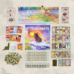 Box contents of Evolution Climate including expansion and game components