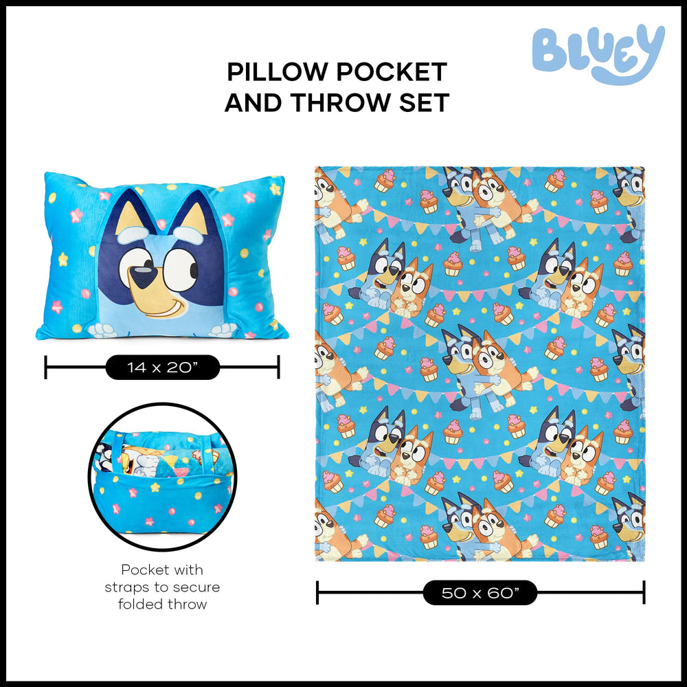 Northwest Bluey Party Pups travel-ready blanket and pillow in a kid-friendly setup