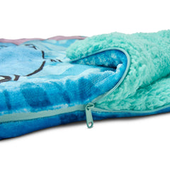 Northwest Lilo Stitch cloud sherpa slumber bag in cozy room setup suggests easy at-home comfort.