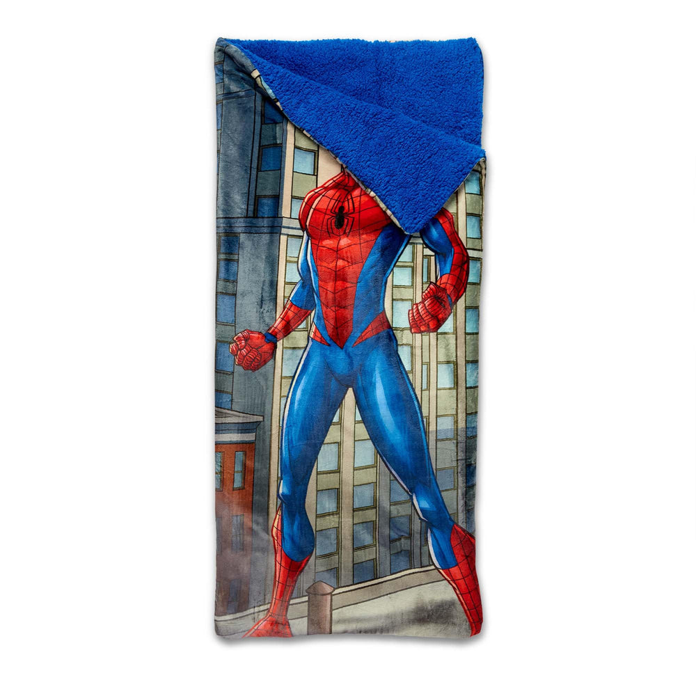 Northwest Spider-Man Cloud Sherpa Slumber Bag in 27x56 size for cozy lounging.