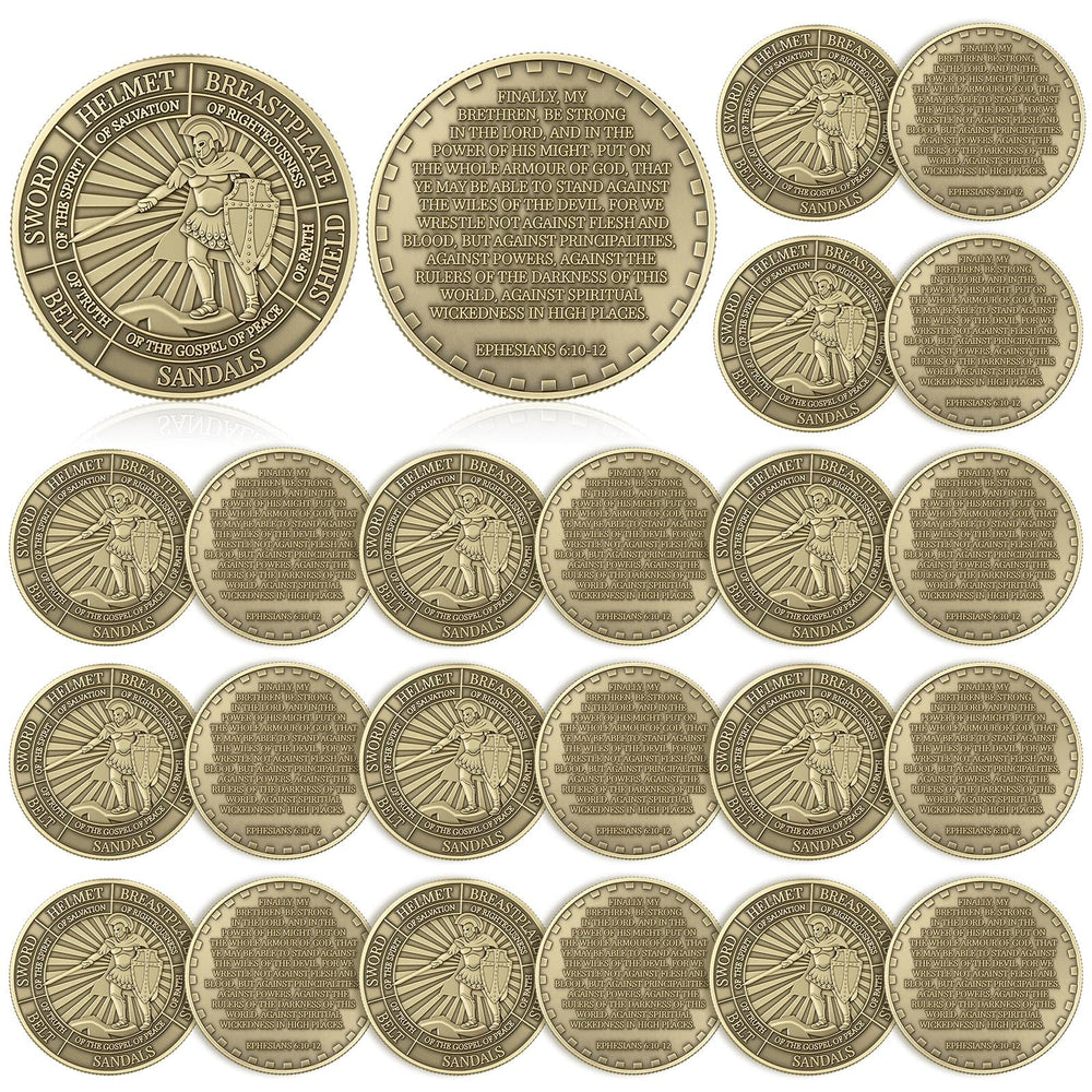 Nosiny Armor of God coin front view, durable alloy for lasting faith tokens.
