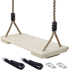 NOSTIFY wooden swing seat installed in a sunny yard for safe, joyful outdoor play.