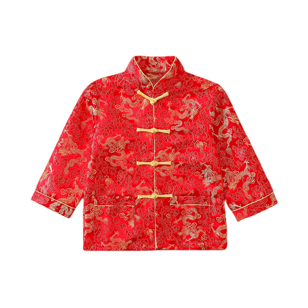 Noubeau boy Tang suit dragon long sleeve shirt with stand-up collar in red for festive wear.