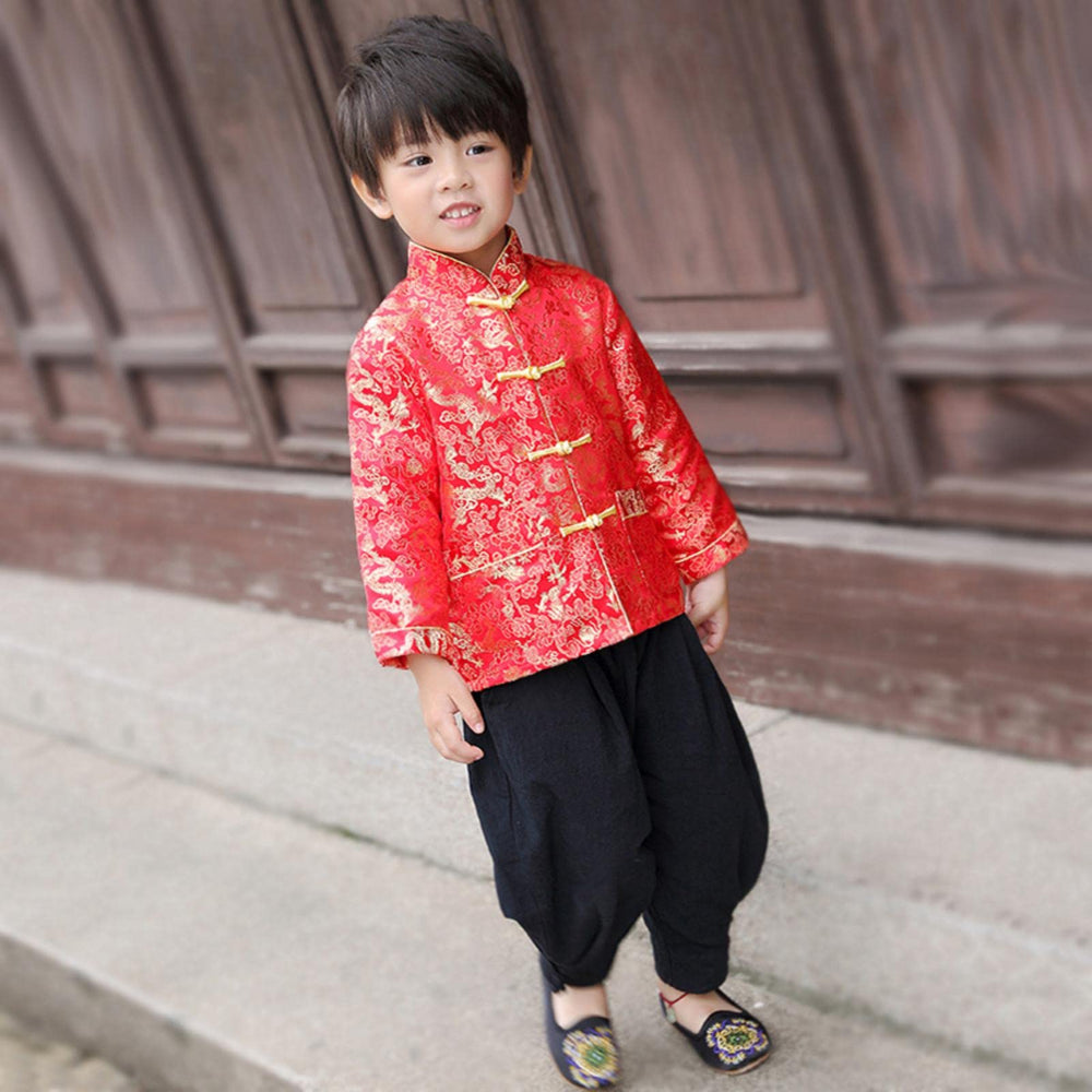 Noubeau Tang-style design with toggle buttons adds authentic charm to kids' outfits.