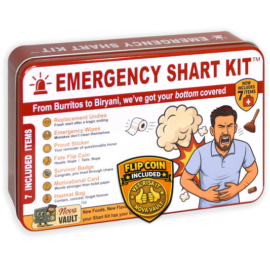 Nova Vault Funny Emergency Shart Kit box tin shown as a bold gag gift.